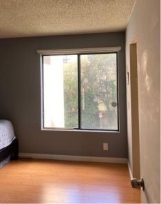 Bedroom window without blinds, showing the original open view before the installation of custom window shades.