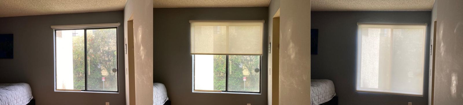 Bedroom window without and with blinds, showing the original open view before the installation of custom window shades.